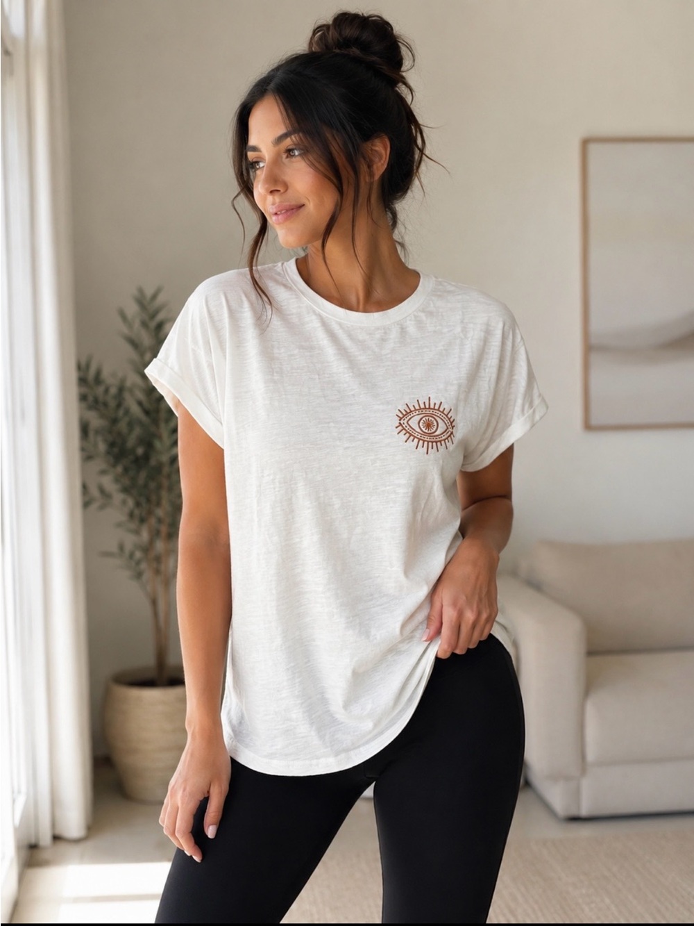 SHEIN Cream Short Sleeve Eye Graphic Tee with Rolled Sleeves